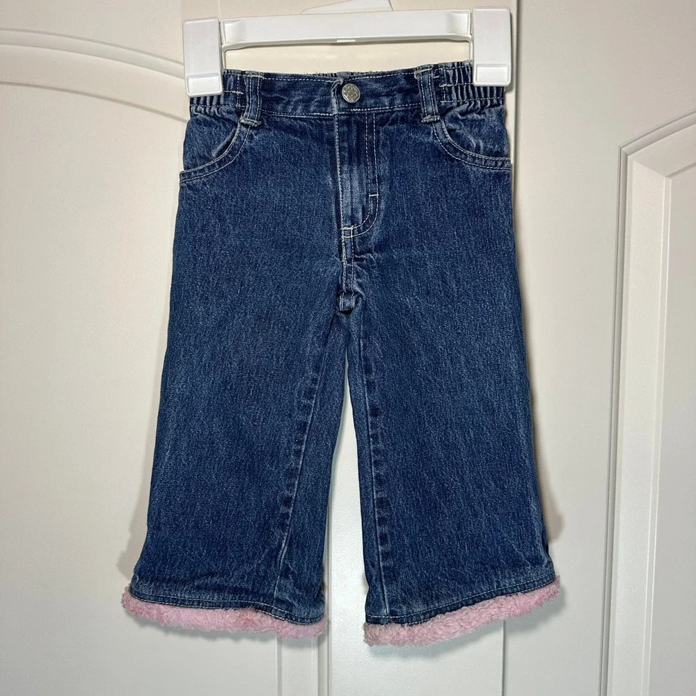 Vintage OshKosh B'gosh Toddler Girls Y2K Jeans 1T Pink Fuzzy‎ Hem Star Denim